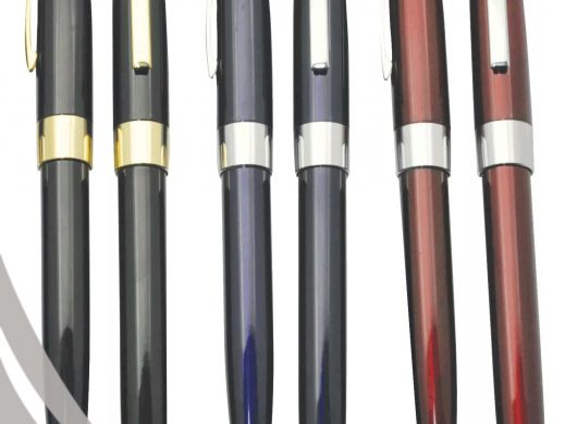 Six HELLEN'S Group glossy rollerball pens in black, grey, and maroon with gold/silver accents.