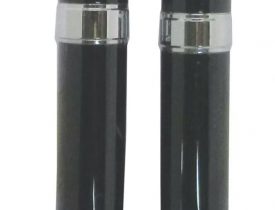 Two sleek black ballpoint pens with chrome accents on a white background.