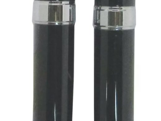 Two sleek black ballpoint pens with chrome accents on a white background.