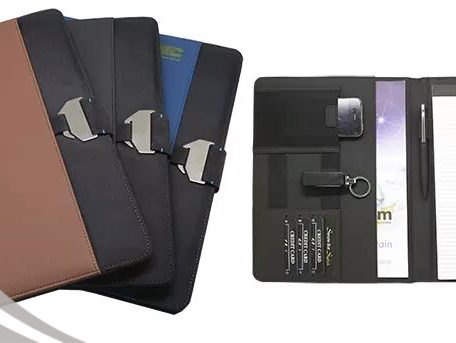 Professional leather portfolio organizer with notepad, pen loop, and card slots.