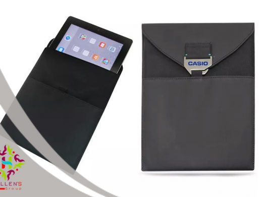 Professional dark tablet sleeve by CASIO, shown open and closed.