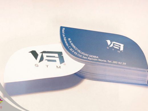 VA GYM unique blue business cards with diagonal texture, professionally printed.