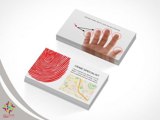 Mock-up business cards for HELLEN'S Group featuring fingerprint and HD pixel graphics.