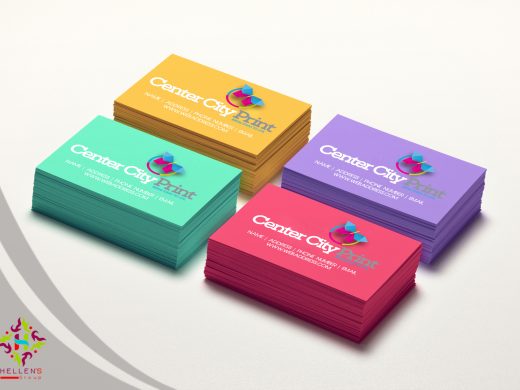 Colorful business card stacks from Center City Print showcasing vibrant printing options.