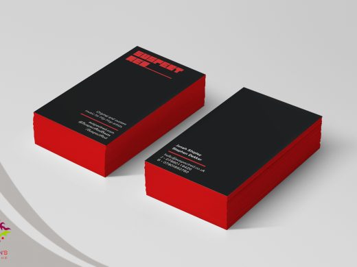 Matte black business cards with vibrant red edges and text for Suspect Red music.