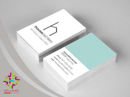 Mockup of professional business cards featuring white, teal design for house painters.