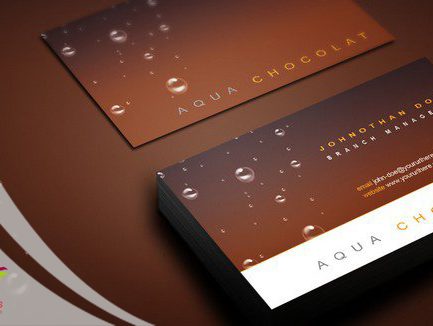 AQUA CHOCOLAT business card design mockup with water droplets and gold text.