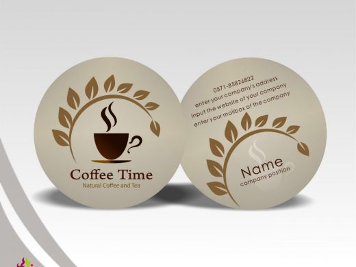 Circular mockup of "Coffee Time" business cards featuring a natural coffee and tea logo.