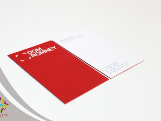 Bold red and white Dom Romney business card design, professional advertising printing.