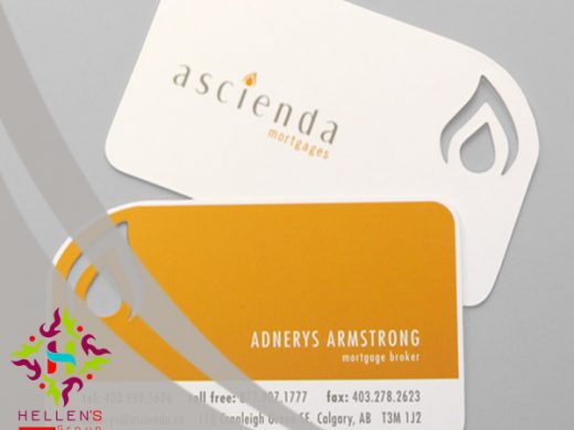 Die-cut mortgage broker business cards featuring orange accents and unique tag shape.