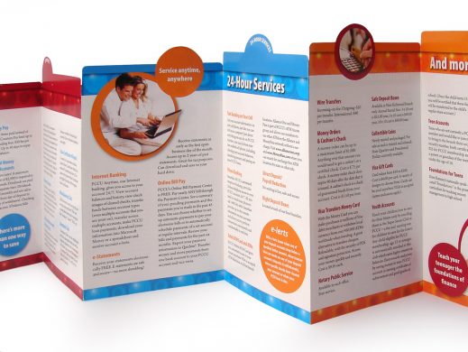 PCCU tri-fold brochure detailing financial services, deposits, and 24-hour banking options.