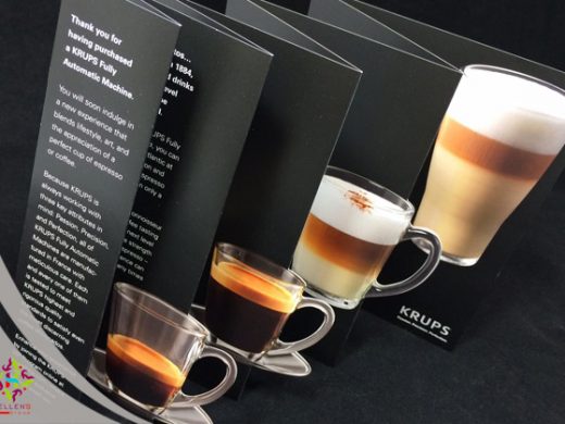 KRUPS fully automatic coffee machine brochure showcasing three perfect espresso and latte drinks.