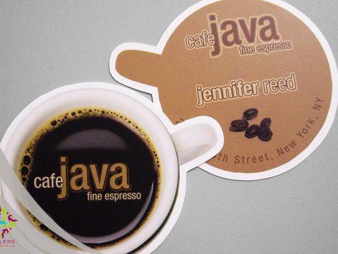Cafe Java Fine Espresso promotional die-cut coasters featuring coffee cup design.