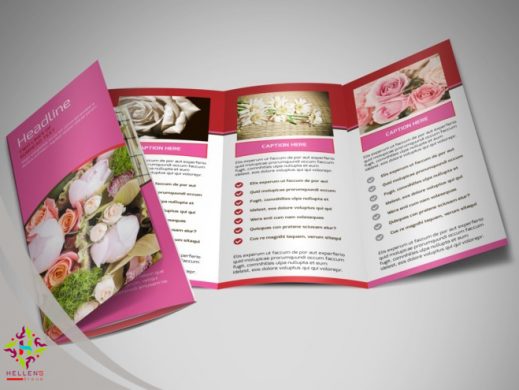 Pink tri-fold brochure mockup with floral design for beauty or event printing services.