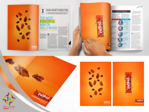 Nakd Pecan Pie bar advertisement in a magazine spread with ingredients.