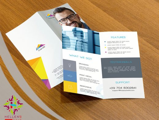 Mockup of a professional tri-fold brochure design for Grandé printing services.