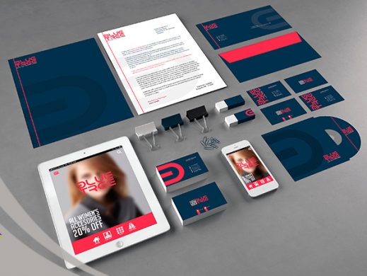 BLUE TREE corporate branding stationery mockup with navy blue and red accents.