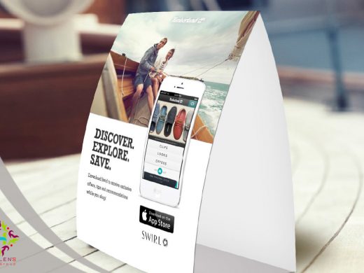 Timberland Swirl app promotion tent card featuring sailboat scene and boat shoes.