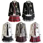 Five East Asian style school uniform sets: blazers, plaid skirts, and ties.