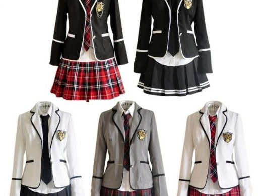 Five East Asian style school uniform sets: blazers, plaid skirts, and ties.