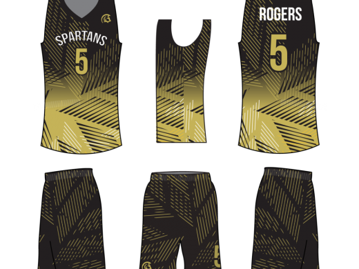 Black and gold Spartans basketball uniform mockup featuring Rogers #5.