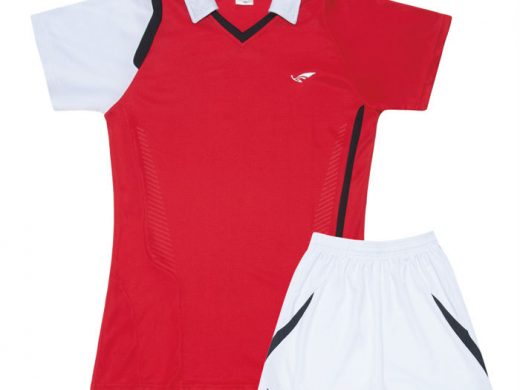 Red and white athletic uniform set with black trim for sports.