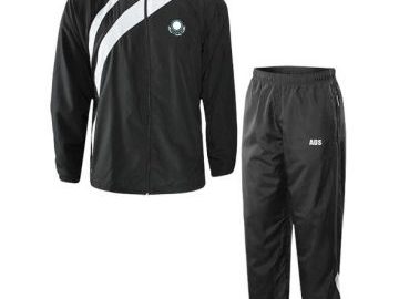 Black two-piece sport uniform with white stripes, featuring ABS logo.