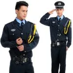 Professional East Asian security guard uniform with peaked cap and salute.