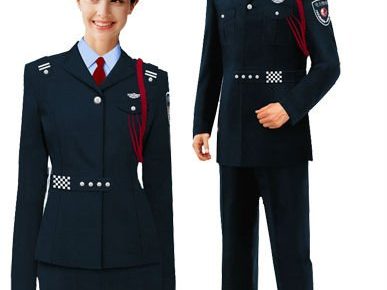 Formal navy blue security uniforms worn by male and female models.