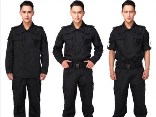 Black tactical security uniforms modeled: long-sleeve, tucked, and short-sleeve variations.